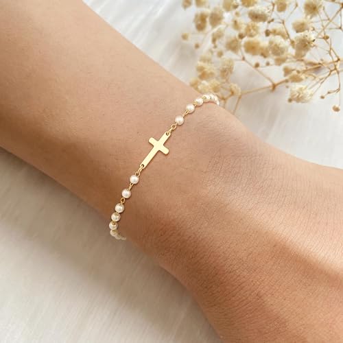 NECOCY Mothers Day Gifts Cross Bracelet for Women, Dainty 14K Gold/Silver Plated Pearl Cross Chain Bracelet Religious Christian Baptism Jesus Catholic Bracelet Jewelry Gift for Mom Wife Daughter - style: Style-6