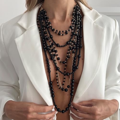 Layered Pearl Necklaces for Women Big Pearl Long Chain Necklace Dainty Faux Pearl Necklaces Statement Sweater Strand Chain Jewelry - style: Black