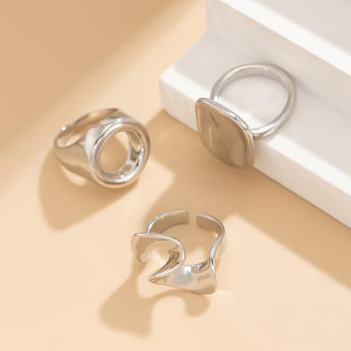 Chunky Vintage Gold Statement Dome Rings Set for Women Dainty 14K Gold Geometric Circle Hollow Knuckle Finger Ring Punk Silver Textured Midi Jewelry - color: Silver