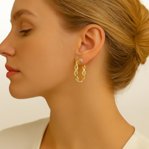 Clip On Hoop Earrings for Women,Cubic Zirconia CZ Gold Silver Plated Twisted Drop Clip On Earings for Non Pierced Ears Lightweight Jewelry Gifts - color: Gold