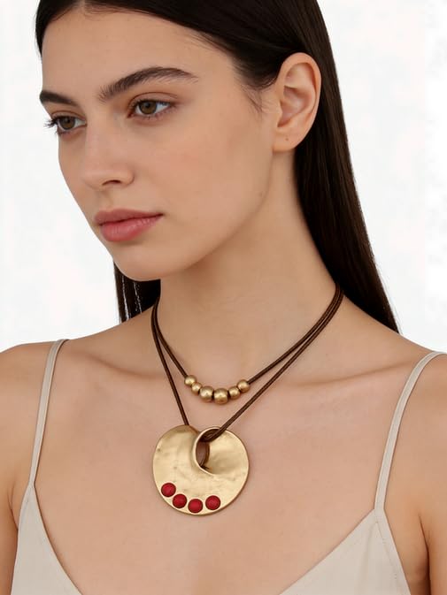 Boho Necklaces for Women Chunky Circle Necklace Layered Boho Circle Leather Choker Necklace Long Vintage Necklaces Bohemian Jewlery Gifts - style: Bohemian Pendant Necklace