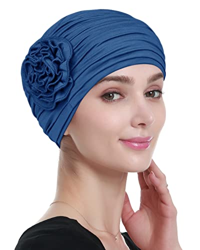 Alnorm Flower Design Chemo Hair Loss Caps Cancer Headwear for Women - color: Blue