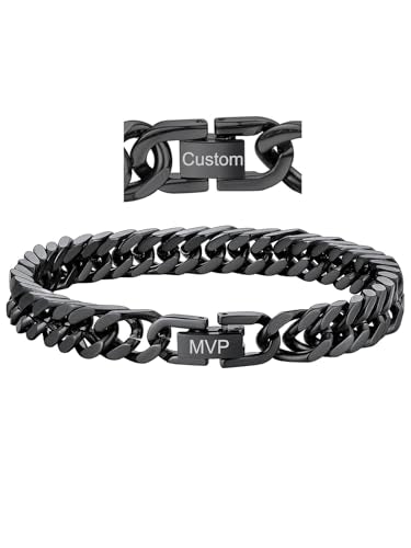 ChainsHouse Stainless Steel Cuban Link Bracelet, 8mm/12mm/17mm Width, 7.5"/8.3"/9", 18K Gold Plated Chain Wrist Bracelets for Men Women, Send Gift Box - color: S: Black-8mm width-custom