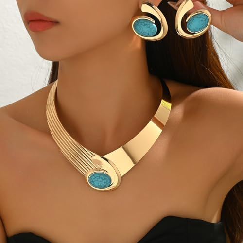 Gold Jewelry Set Chunky Gold Necklace Earring Set for Women Boho Oval Acrylic Earring Necklace Western Adjustable Choker Necklaces Bohemian Jewelry Set For Women - color: Blue