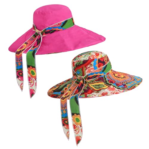 Women's Foldable Floppy Sun Hats Reversible Vacation Beach Cap Summer Wide Brim UPF 50+ Travel Fishing Bucket Hat - color: Rose Red