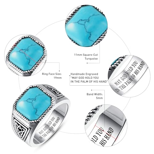 7ct Vintage Teal Turquoise|Emerald|Black Onyx Ring for Men 925 Sterling Silver Men Rings 11mm Square-Cut Mens Cocktail Rings Celtic Pattern Band for Dad Father Size 7-12 - color: Y-Customizable Name-Irish Celtic Knot-Genuine Turquoise