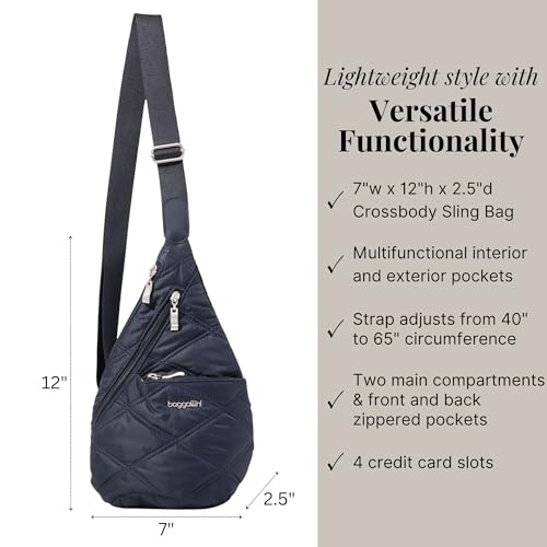 Baggallini Mini Sling - 12x7 Sling Crossbody Bag Backpack with Adjustable Shoulder Strap - color: French Navy Quilt