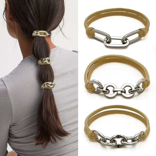 Hair Tie Bracelets for Women, 3Pcs Cute Elastic Hair Ties Ponytail Holders with Silver Jewelry Strenchy Bronde Scrunchies Hair Ties No Damage For Girls Womens Gifts (Khaqi with Silver) - color: Khaqi -04