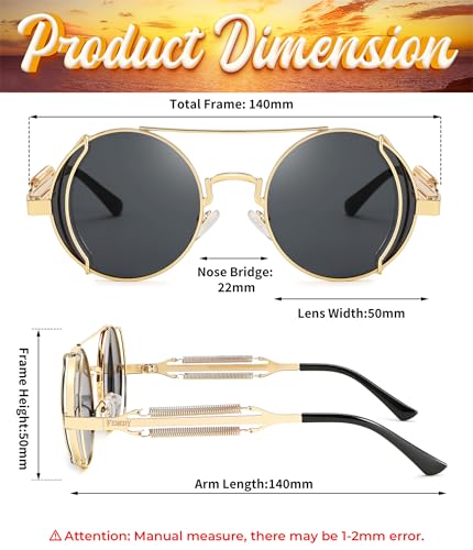 FEISEDY Aviator Sunglasses for Men Women, Retro Steampunk Gothic Round Metal Frame Hippie Glasses B2351 - color: Gold Frame With Gray Lenses and Gold Temples