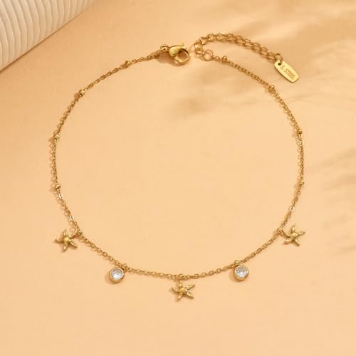 Gold Ankle Bracelets for Women 18K Gold Plated Waterproof Starfish Sea Shell Pearls CZ Diamond Dangle Anklets Trendy Summer Beach Foot Chain Jewelry Gift - style: Starfish CZ Drop-Gold