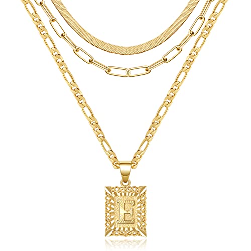 KissYan Gold Layered Necklace Set for Womens, 14K Gold Plated Initial Letter Pendant Necklaces Paperclip Snake Choker Alphabets from A-Z Figaro Chain Jewellery Gift - color: 3PCS, style: E