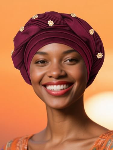 Woeoe Women African Turban Pre-Tied Twisted Beanie Cap Headwear Rhinestone Soft Stretchy Head Turbans - color: Color-2
