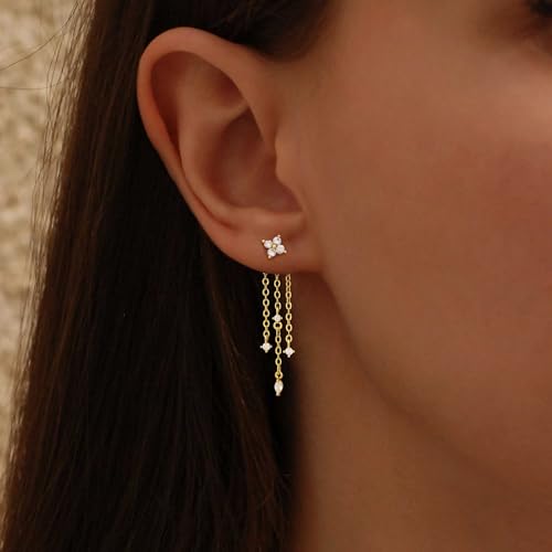 Dangle Earrings for Women, Dainty Gold Drop Earrings 14k Gold Plated Long CZ Bar Earrings for Women Trendy Simple Hypoallergenic Chandelier Stud Earrings Formal Wedding Prom Jewelry for Women - color: dangle2