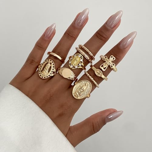 10Pcs Retro Gold Stackable Rings Sets for Women Trendy Vintage Cross Rings Pack Chunky Knuckle Finger Ring Minimalist Statement Jewelry - color: Gold
