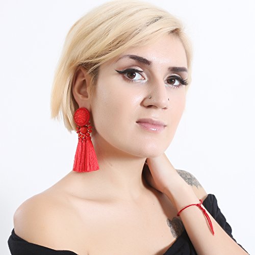 boderier Bohemian Statement Thread Tassel Chandelier Drop Dangle Earrings with Cassandra Button Stud - color: Red