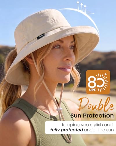 FURTALK Sun Hats for Women Wide Brim Ponytail Beach Sun Protection Hat with Fold-Up Brim Bucket Hat - color: Beige