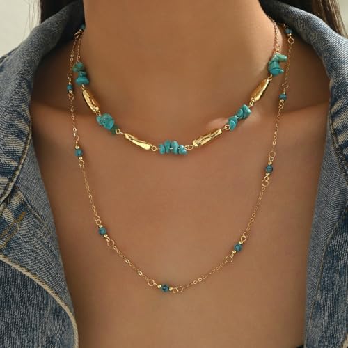 Layered Boho Necklaces for Women Vintage Adjustable Irregular Turquoise Splicing Choker Necklace Exquisite Long Gold Beaded Chain Country Necklace Western Jewelry for Women