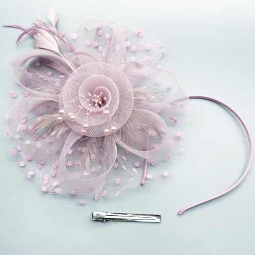 Fascinators Hat Pearl Earrings Necklace Bracelets Gloves 1920s Headband Hair Clips Women Flower Mesh Feather Headpiece Headwear Halloween Carnival Cocktail Wedding Tea Party Accessories Pink - color: Light Pink