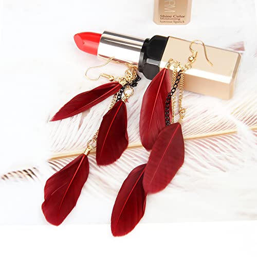 coadipress Boho Piercing Tassel Feather Long Chain Earrings Retro Lightweight Native Feather Dangle Drop Earrings for Women Bohemian Handmade Natural Feathers Earring Jewelry - color: Wine Red