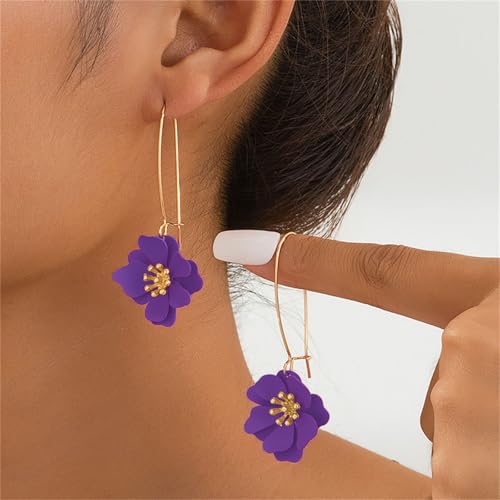 Dreuyet 6 Pairs Boho Daisy Flower Long Petal Drop Dangle Earrings for Women Bohemian Matte Floral Layered Tiered Chic Statement Earrings Wedding Spring Flower Jewelry - style: Rainbow