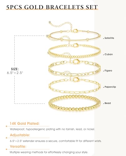 Dainty Gold Bracelets for Women, 14K Gold Plated Stackable Bracelet Set, Adjustable Beaded Cuban Paperclip Herringbone Figaro Snake Rope Chain Jewelry - style: Set5 Gold 5Pcs