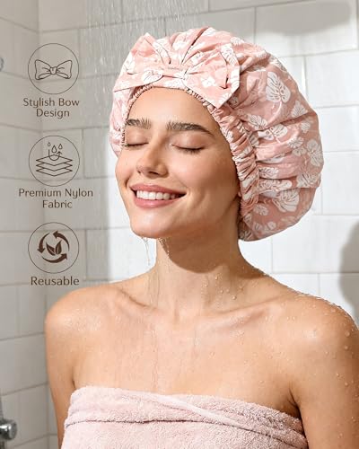 Yanibest Shower Cap Reusable Waterproof, Wide Elastic Band Bath Cap - Comfortable & Durable Bath Hair Hat for Women - color: Pink Leaves