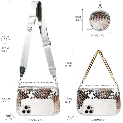 Handmade Woven Small Crossbody Bag for Women with Coin Purse, Designer Shoulder Handbag 3pcs Set, Mini Tote Clutch - color: Silver Multicolor