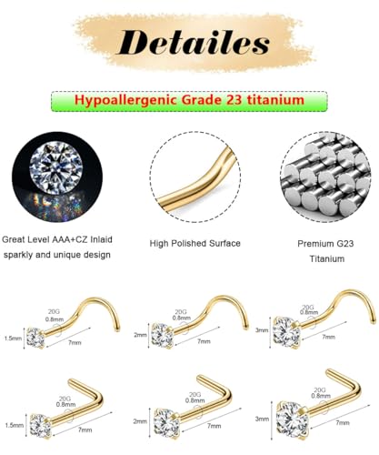 Opal Nose Ring Studs Horseshoe Nose Rings Hoops Stud 316L Stainless Steel Nose Rings Round CZ Square Screw L Shaped Nose Stud Hypoallergenic Nostril Piercing Jewelry for Women Men - color: Gold/9Pcs/G23 Titanium/Hoops and Studs Sets