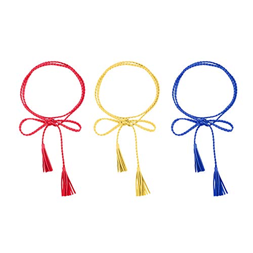 TeeYee Waist Belt Woven Knitted Rope/Chain PU leather 3 Pieces Tassel Rope Skinny Belt - color: 066redyellowblue