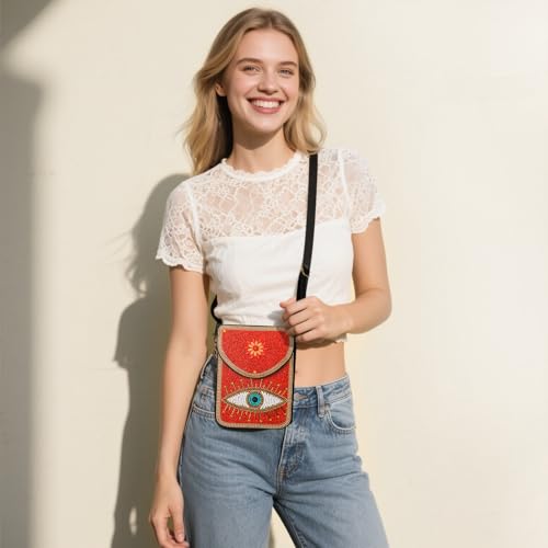 Small Beaded Crossbody Bag for Women, Boho Cell Phone Shoulder Purse Wallet with Handcrafted Colorful Beads - color: Tree-2