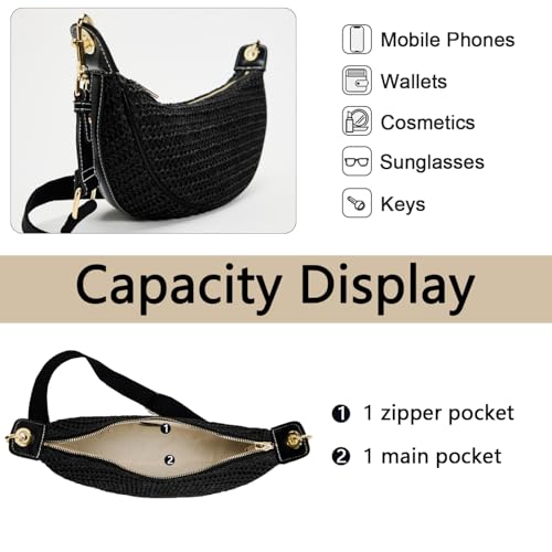 Straw Crossbody Bags for Women Crescent Woven Shoulder Handbag Summer Beach Hobo Purses with Adjustable Strap - color: Black