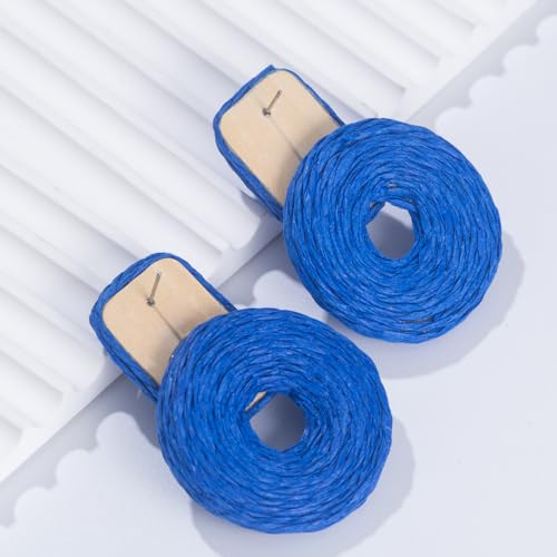 Statement Raffia Earrings Cute Boho Earrings Rattan Dangle Earrings Handmade Straw Wrap Earrings Summer Drop Dangling Earrings for Women Teen Girls - color: Royal Blue