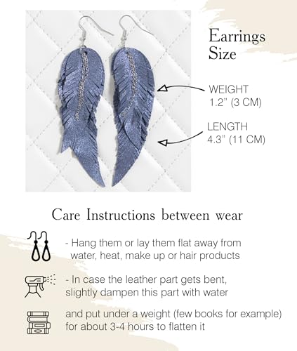Black shiny Leather Feather Earrings for Women, Lightweight Minimal Boho Dangle Earrings, Small Simple Everyday Jewelry - color: Blue shiny