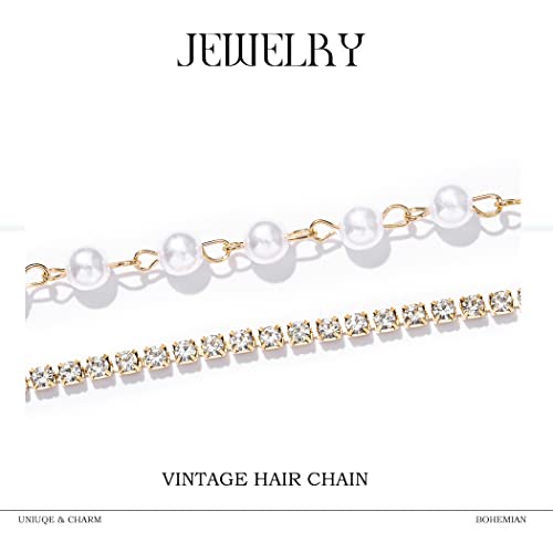 Boho Pearl Head Chain Vintage Crystal Headpieces Wedding Rhinestone Hair Jewelry Party Festival Hair Accessories for Women and Girls (Gold) - color: Gold