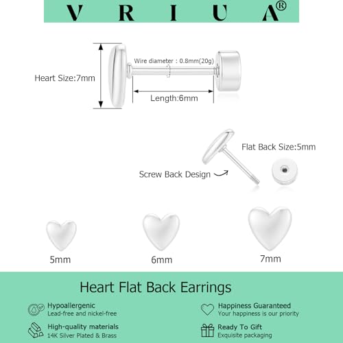VRIUA 20G Tiny Flat Back Earrings for Women - 14K Gold/Silver Plated Small Flat Back Stud Earrings Hypoallergenic Cartilage Helix Piercing Jewelry - color: 5/6/7mm-Heart Flat Silver