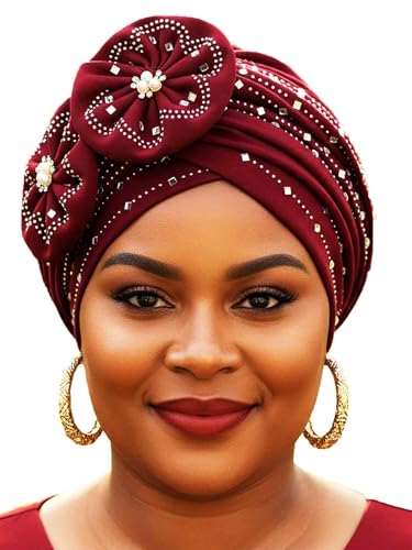 Woeoe Beanie Cap Head Wrap Black Rhinestones Head Scarf Flower Pearls Twisted Head Turban for Women Girls - color: Burgundy