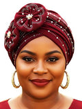 Woeoe Beanie Cap Head Wrap Black Rhinestones Head Scarf Flower Pearls Twisted Head Turban for Women Girls - color: Burgundy