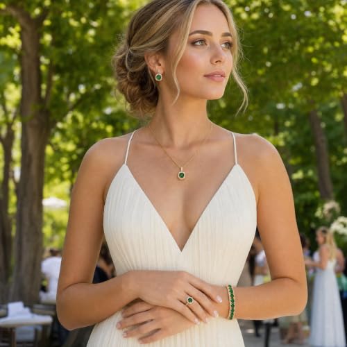 Paxuan 4pcs Cubic Zirconia Wedding Jewelry Sets for Bride Bridesmaid Cubic Zirconia Pendant Necklace Earrings Link Tennis Bracelet Open Ring Set for Women - color: Gold Plated Emerald Cubic Zirconia