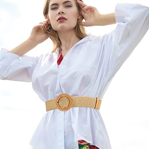 2 Pieces Women Straw Woven Elastic Stretch Waist Belt Skinny Dress Braided Waist Belt with Wooden Style Buckle - color: Black and Natural