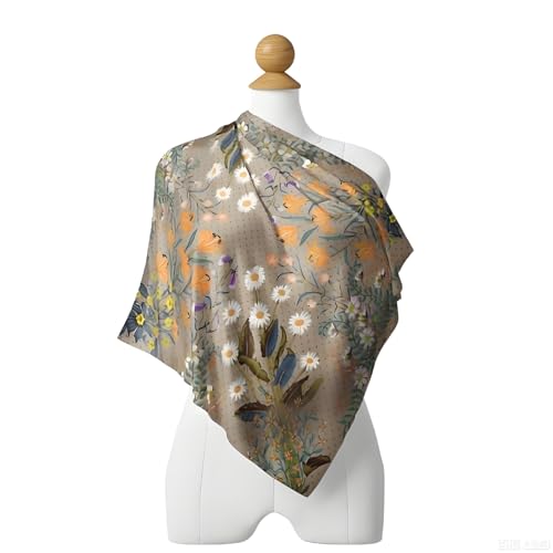 Premium Floral Scarf for Women 35x35 Square Silk Feel-Lightweight Scarves Headscarf Bandanas Wrapping Handbag - color: Light Brown
