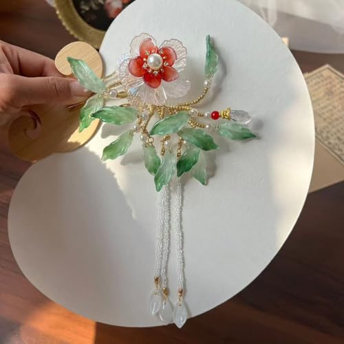 White Camellia Hairpin with Red Center & Ocean Wave Green Leaves - Elegant Tassel Hair Stick for Women, Chinese Hanfu Vintage Floral Hair Accessory for Special Occasions (Green Leaf Camellia) - color: Green Leaf Camellia
