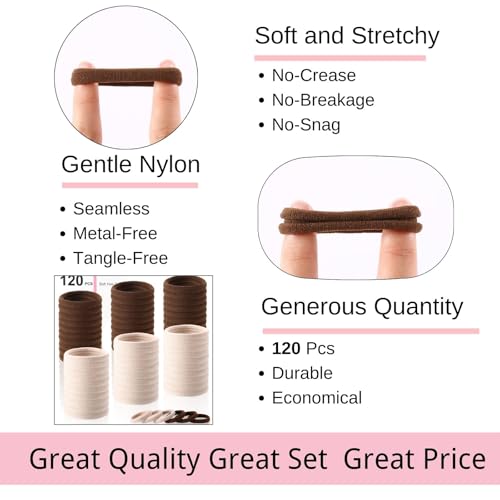 LuSeren 120 Pcs No Damage Thick Hair Ties, Large Soft Seamless Nylon Hair Elastics for Women, Ponytail Holders - Blonde & Brown - color: Blonde and Brown