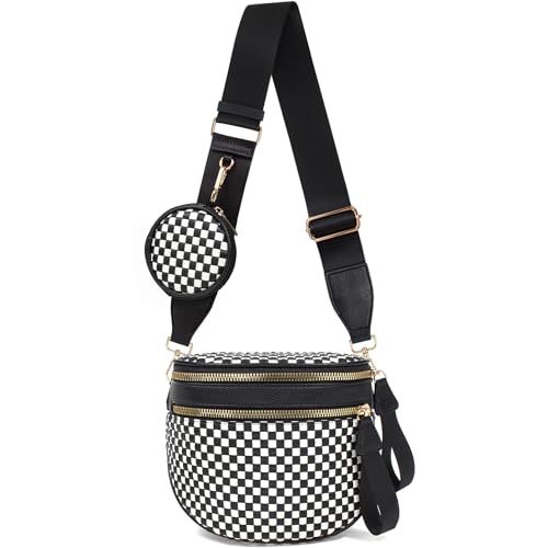 Valentoria Large Woven Leather Crossbody Bags for Women Checkered Bum Bag Sling Bag Purse Adjustable Strap Detachable Wallet | Woven - color: Black&white Checkered