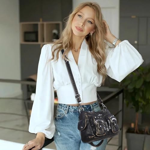 Angel Kiss Small Hobo Purses for Women, Washed Vegan Leather Multi-Pocket Purse, Shoulder Handbag with Adjustable Strap - color: Bronze