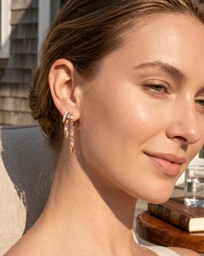 MUMREUES Gold Earrings for Women Trendy 14K Gold Plated Dangle Earrings Small Hoop Huggie Drop Stud Earrings Cubic Zirconia Simple Minimalist Dainty Chain Tassel Hypoallergenic Earrings - color: CZ Tassel & Rose Gold