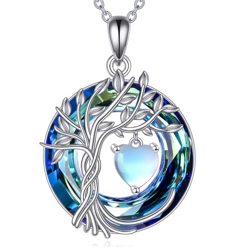 POPLYKE Mothers Day Gifts for Mom Her Wife Tree of Life Necklace 925 Sterling Silver Birthstone Pendant with Crystal Anniversary Birthday Wedding Jewelry for Women - color: 06-Jun-Moonstone, style: White Gold Plated-Blue Crystal