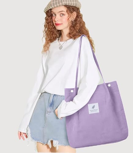 Corduroy Tote Bag for Women Small Canvas Shoulder Purse Cord Handy Bag with Inner Pocket | with Front Pocket - color: 02 Purple