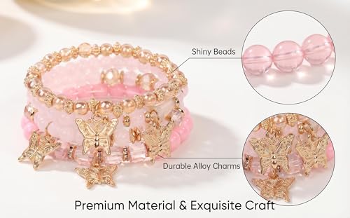 LOTSOF Boho Flower Beaded Bracelet Set for Women - Multilayer Crystal & Flower Charm Stackable Bracelets, Fashion Jewelry Gift for Her - color: Pink Butterfly