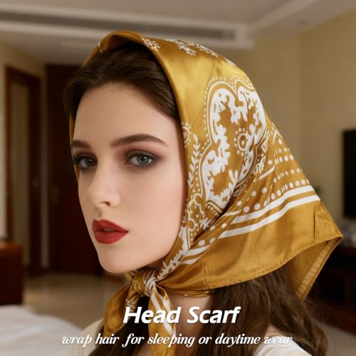 Ciormis 35" Silk Head Scarf for Women, 4 Pcs Satin Hair Scarf Square Silk Bandana Top Neck Scarves Hair Wraps for Sleeping - color: D1-cashew-set16
