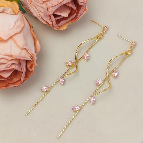 Crystal Drop Earrings,Zirconia Rhinestone Dangling Earrings for Women Prom Party Jewelry Gifts， Dangle Fashion Jewelry Crystal Earrings for Women - color: pink gold